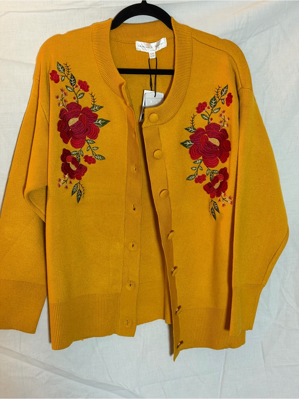 Mustard Embroidered Floral Button-Front Cardigan